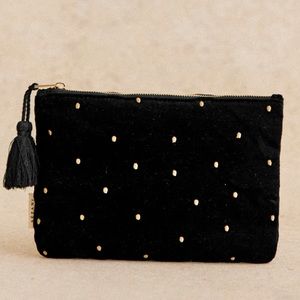 Sezane Black velvet Gold Dots Pouch Purse, make up, Beauty Bag